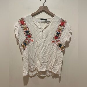 THML Beige Linen Embroidered Short Sleeve Blouse Shirt - Women’s Size XS